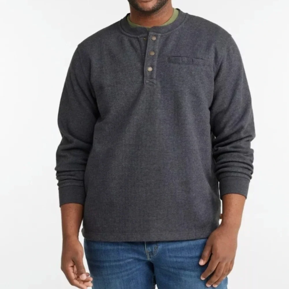 LL Bean Katahdin Iron Works Sherpa Lined Henley Waffle Sweatshirt Gray XXL